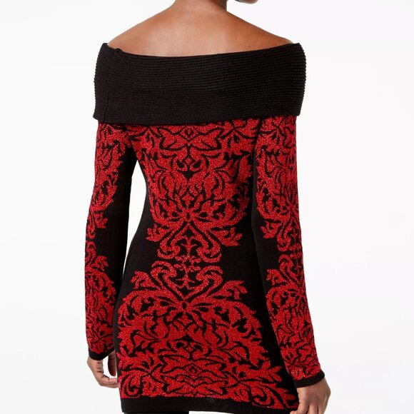 Carmen Carmen Marc Valvo Off The Shoulder Sweater Dress Red Black Sz XL Damask - Picture 4 of 10